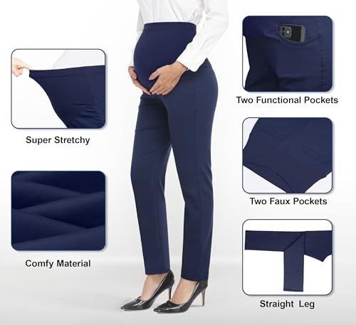 Image of PACBREEZE Women's Maternity Pants for Work Over-Bump Pregnancy Casual Stretchy Straight Dress Pants with Pockets