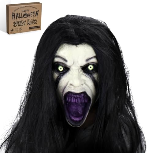 SelfTek Máscara de Halloween de terror - máscara de terror de Halloween com pelo para adultos, máscara fantasma feminina assustadora, látex respirável, máscara realista para Halloween, carnaval