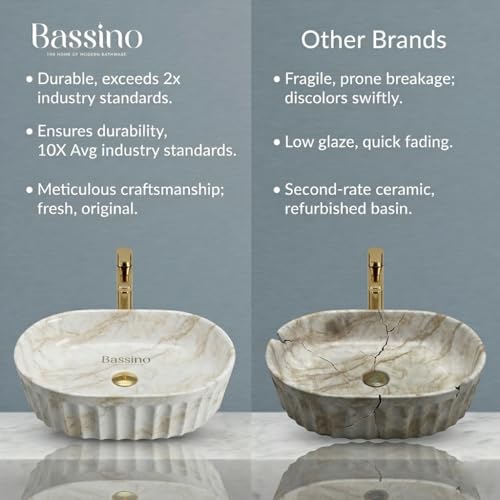 Image of BASSINO 22x14x6 Inches Ceramic Table Top Wash Basin /Designer Bathroom Sink /Glossy Countertop Vessel Basin /Oblong-Oval Above Counter Basin /Wash Basin for Bathroom /Dining Hall(White and Beige Marble)