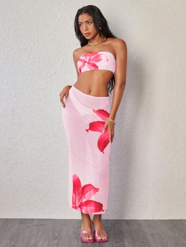 Image of ZAFUL Womens 3pcs Bikini Swimsuits Bandeau 3 Piece Swimwear High Cut Bikini Sets with Long Sheer Coverup Dress