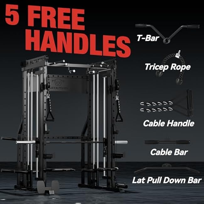 Waxman Smith Machine with Cable Crossover System, Multi - Function Squat Rack Power Cage for Home Gym & Power Rack Packages with 340lBS Color Plates