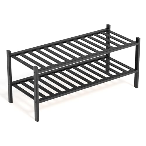 BAM BOO BOX - Schuhregal aus Bambus, Schuhablage mit 2 Ebenen, 68 x 28 x 32 cm, Erweiterbar Stapelbar, Schuhschrank Holz, Shoe rack, Regal für Wohnzimmer oder Flur (Schwarz)