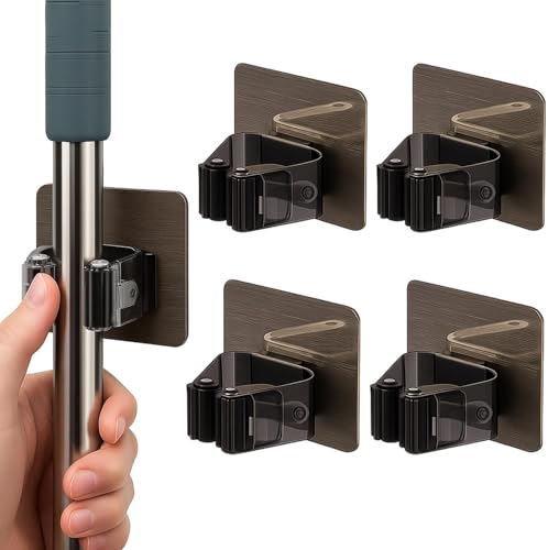 AMERTEER 4 PCS Mop And Broom Holder Wall Mount Self Adhesive Broom Hanger Wall Mount Broom And Mop Organizer Wall Hanging Broom Mop Holder Wall Mounted For Kitchen Garden And Garage Laundry Offices