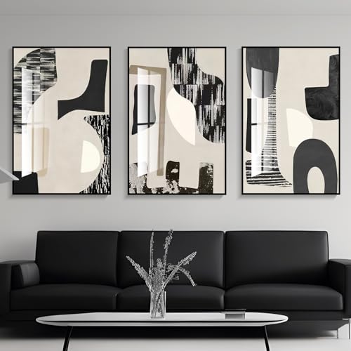 QKF Modern Minimalist Wall Art Large Abstract Geometric Pictures for Living Room Walls High Gloss Black and White Artwork with Bright Finish 20x28 Inches 3 Piece Set