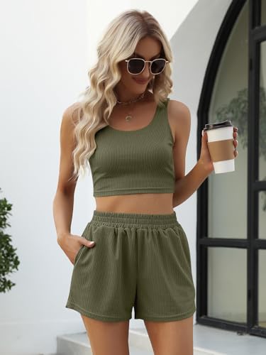 Image of Trendy Queen Two Piece Summer Outfits 2 Piece Sets 2026 Sleeveless Matching Lounge Crop Top High Waisted Short