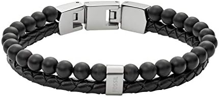 Fossil Men's Leather and Beaded Bracelet, Color: Black (Model: JF02763040)