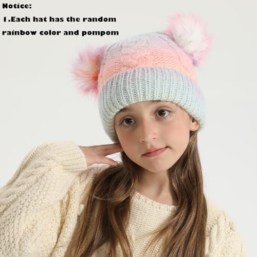 Girls Rainbow Pompom Beanie Hats Winter Knit Fleece Lined Beanies Hat for Kids Outdoor Snow Ski Skull Cap Age 7-122