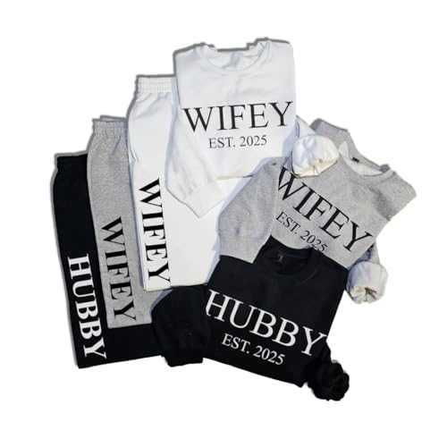 Havenoro WIFEY HUBBY Matching Set - Cozy Couples Loungewear, Embossed Sweatshirt & Joggers - Perfect for Honeymoon4