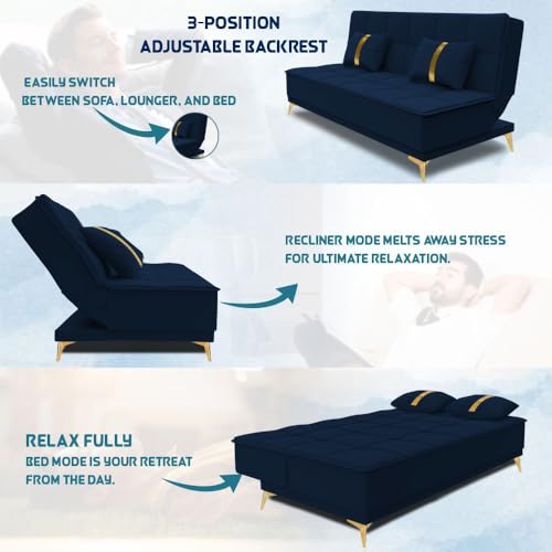 Image of Adorn India Premium New Alyssum 3 Seater Sofa Cum Bed 4X6 Velvet Suede with 2 Cushions (Color Blue) and Suitable for All Indoor, with 3 Years Warranty
