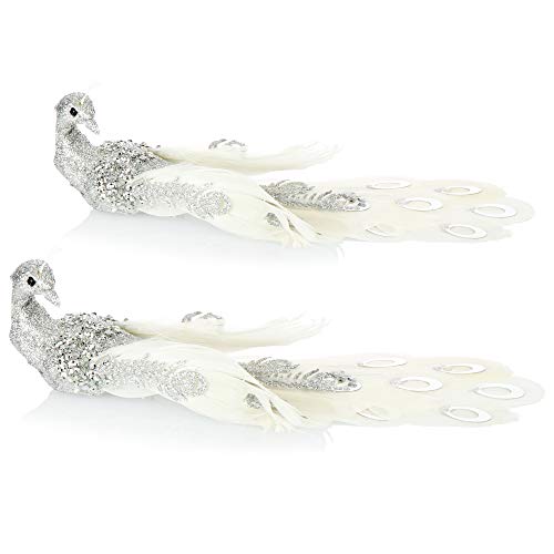 com-four® 2X Decoración del árbol de Navidad Decoración del pájaro - Pavo Real con Lentejuelas para la decoración del árbol de Navidad - Pájaros de plástico con Clip para Navidad (Color Plata)