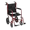 Drive Medical Lightweight Expedition Folding Transport Wheelchair - Ultra Lightweight Mobility Support for Seniors & Adults - Strong Aluminum Frame - Hand Brakes - Compact Folding Travel Chair - Red
