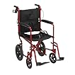 Drive Medical Lightweight Expedition Folding Transport Wheelchair - Ultra Lightweight Mobility Support for Seniors & Adults - Strong Aluminum Frame - Hand Brakes - Compact Folding Travel Chair - Red