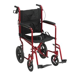 Drive Medical Lightweight Expedition Folding Transport Wheelchair - Ultra Lightweight Mobility Support for Seniors & Adults - Strong Aluminum Frame - Hand Brakes - Compact Folding Travel Chair - Red