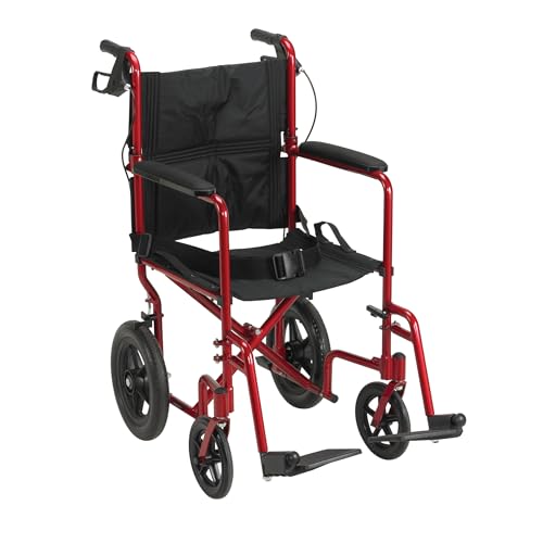 Drive Medical EXP19LTrd Lightweight Expedition Transport Wheelchair Blue with Hand Brakes, Red, Size 19 by Drive Medical