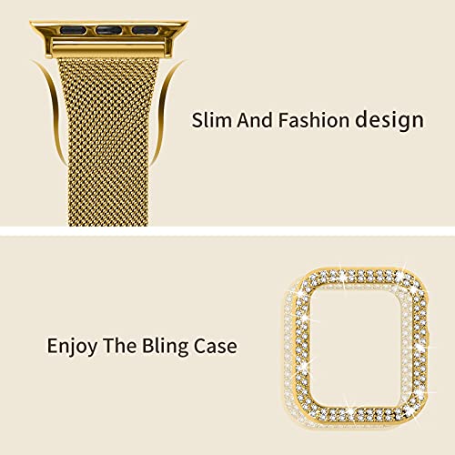 Joyozy Stainless Steel Mesh Bands Compatible For Apple Watch 40Mm, Women Bling Protective Crystal Diamond Case With Loop Mesh Strap For Apple Watch Series 6/5/4/Se (No Tool Needed) (Yellow Gold, 40Mm) #TOP1