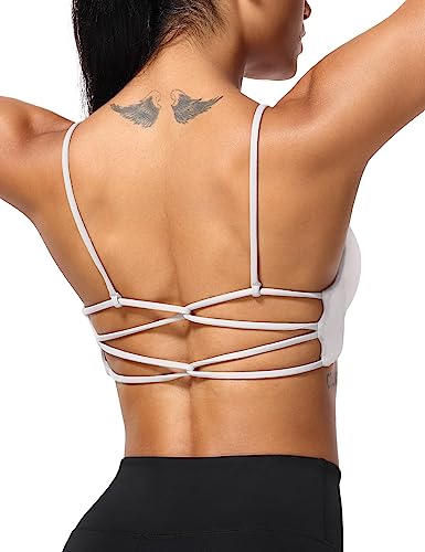 Qoq Sports Bras For Womens Criss Cross Back Strappy Yoga Bra With Removable Cups Backless Light Support Workout Tops White S #TOP25