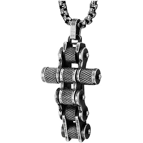 COOLSTEELANDBEYOND Men's Bike Chain Cross Necklace Cover