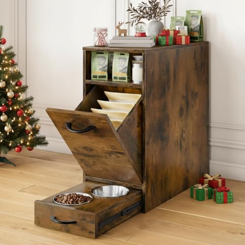 DWVO Dog Feeding Station with Storage, Dog Food Cabinet with 2 Feeder Bowls, Pull Out Elevated Dogs Bowl, Rustic Brown