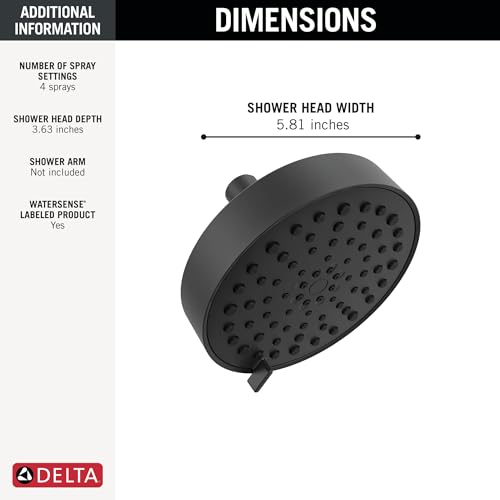 Image of Delta Modern 4-Setting Matte Black Shower Head, 5.75 Inch Round Shower Head, 1.75 GPM Flow Rate, Matte Black 52401-BL