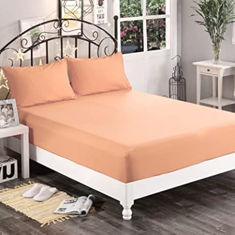 Value Zone 200 Thread Count 100% Egyptian Poly Cotton Fitted Sheet 40cm Extra Deep Pocket Plain Dyed Non Iron Luxury Durable Quality Size Single Double King Super King Sheet (Double, Peach) Cover