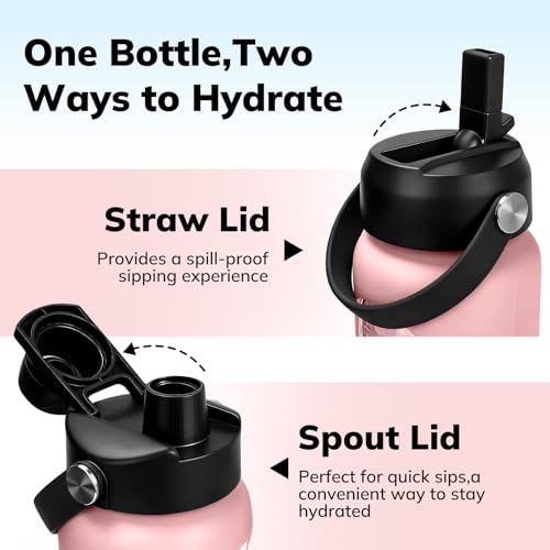 Image of Aqulea 32 oz Glass Water Bottle with 2 Lids - Spout & Straw Lids, 1L Motivational Borosilicate Glass Water Bottle with Time Marker & Silicone Sleeve, Leakproof (Pink)
