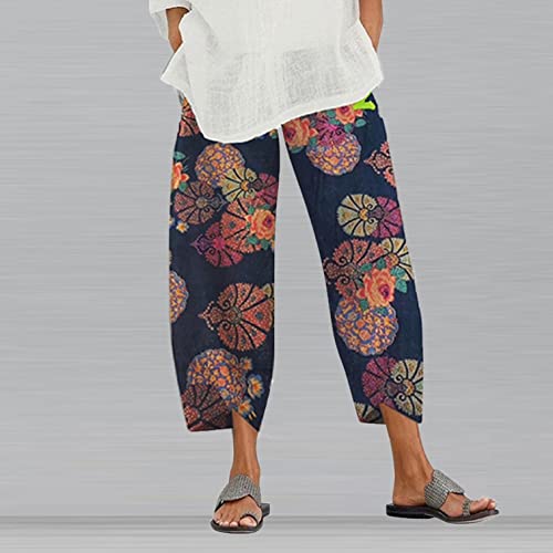 Amaoo Women's Casual Summer Capri Pants Cotton Linen Elastic Waist Trousers Boho Print Relex Fit Beach Cropped Pants, 01#Black #TOP1