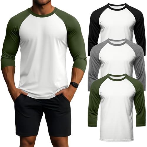 Huukeay 3 Pack Men's 3/4 Sleeve Shirts Crew Neck Baseball T Shirts Moisture Wicking Athletic Tops(White/Black, White/Light Grey, White/Army Green,Medium)