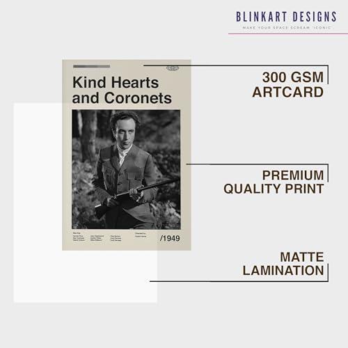 Image of BLINKART Kind Hearts & Coronets Movie Poster Frame 8x12 Inch | Premium 300 GSM Paper Wall Print | Mid Century Vintage Film Artwork for Home, Bedroom, Living Room, Office | Framed Photo Decor
