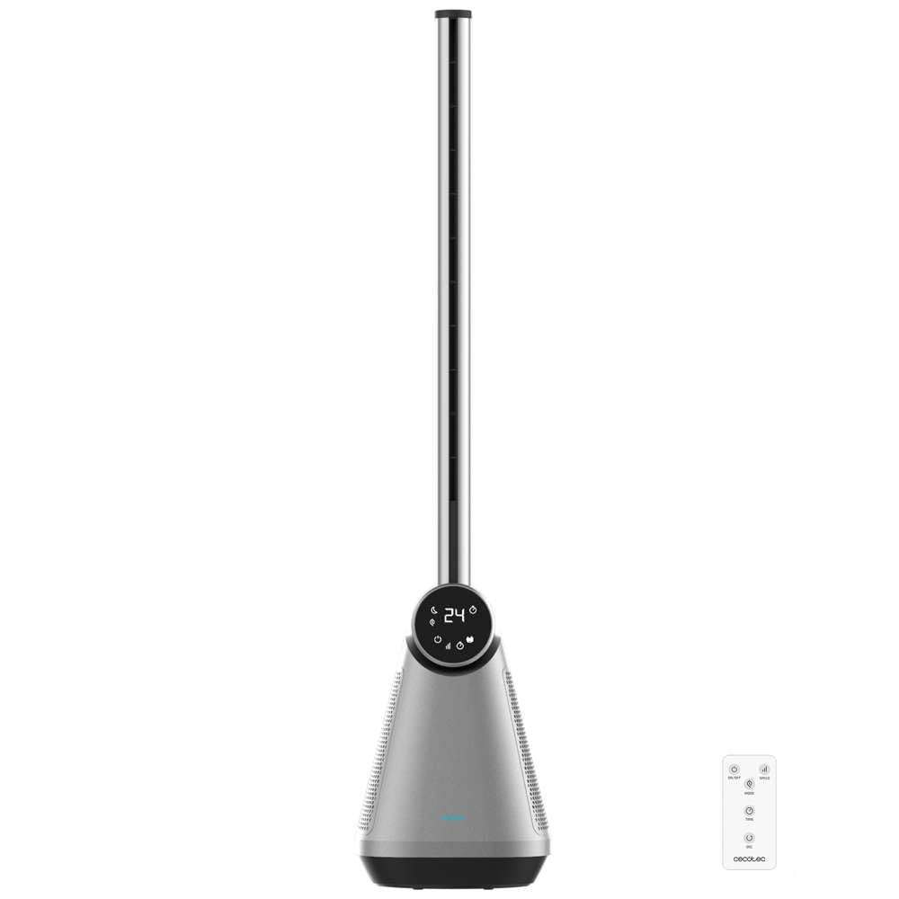 Cecotec - Ventilatore a Torre EnergySilence 9890 Skyline Bladeless Dark senza pale 100 cm, 50W, touch screen LED, telecomando, 3 modalità, 3 velocità, timer 15 ore, oscillazione 40º, Acciaio Base Nera