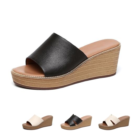 Women's Soft Leather Breathable Wedge Sandals Simple Round Open Toe Summer Non-Slip Comfortable Slip On Platform Bohemian Slide Sandals for Casual Daily House Beach Slippers - Main Image