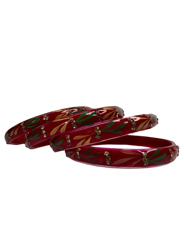 Hand Painted Glass Bangles, Red, Floral Leaf Design with Rhinestone Embellishments,-image-31