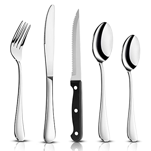 Joyfair 16 Piece Cutlery Sets + 4 Piece Steak Knives, Stainless Steel 20 Piece Silverware Flatware Set with Fork Knife Spoon, Service for 4,Home/Camping/Party, Mirror Finished & Dishwasher Safe