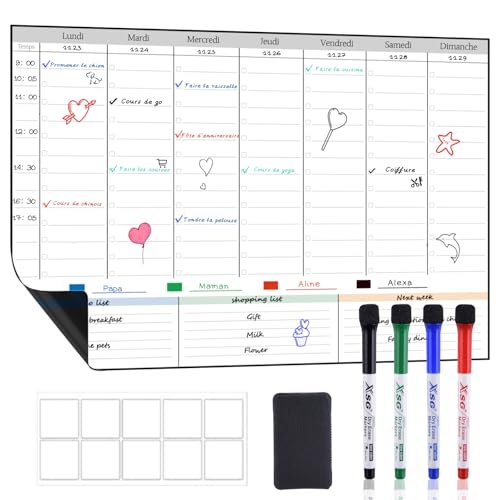 POPRUN Planning Semaine calendrier magnetique emploi du temps,Tableau Semainier Frigo effaçable,idéal pour Planification des Tâches, Menus, Projets, Organiseur...