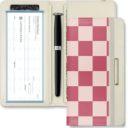 Image of Printed Checkbook Cover, RFID Blocking Checkbook, Stylish, Lightweight, Slim Durable, Multi-Functional Checkbook Holder for Personal and Business Checks (Plaid-Pink)