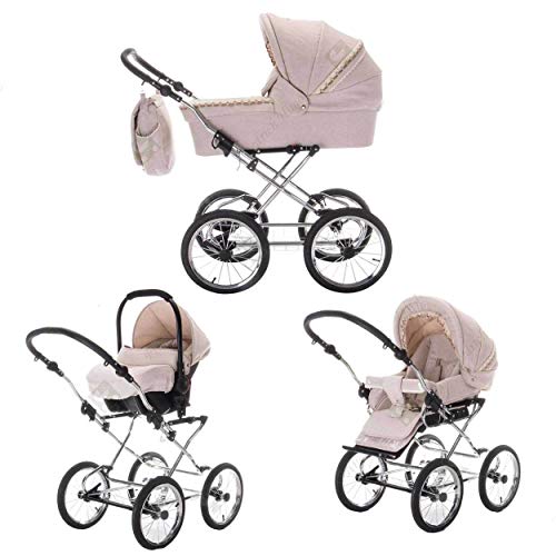 Friedrich Hugo Natureline | 3 in 1 Kombi Kinderwagen Set | Öko Nostalgie Kinderwagen | Farbe: Catherine Creme