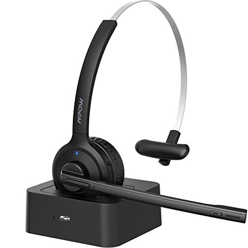 Mpow M5 Pro Bluetooth Headset with Microphone, Wireless Headphones for Cell Phone, Noise Canceling Headset with Charging Base for PC, Laptop, Truck Driver, Office, Call Center, Skype