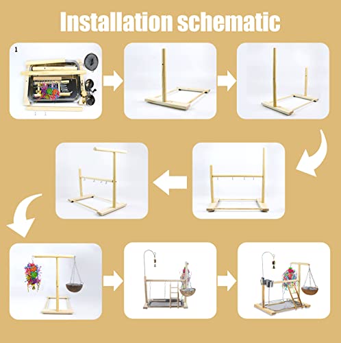 Image of Bird Stand Fun Straw Bell Toys,Parrot Wooden Platform Stand with Perch Ladder, Swing, Bell & Feeder