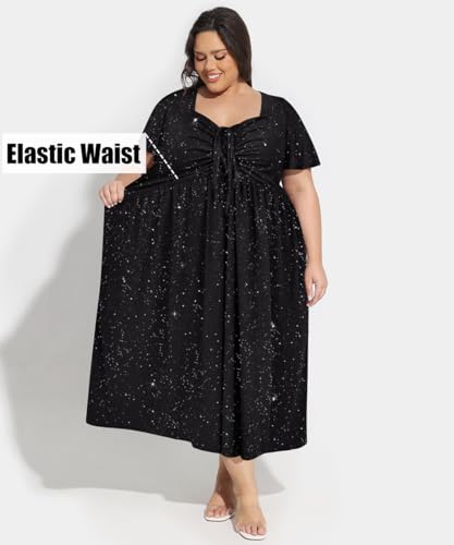 Image of CARCOS Plus Size Dresses for Curvy Women Tie Sweetheart Neck Summer Maxi Dress Short Sleeve Empire Waist Floral Boho Dress
