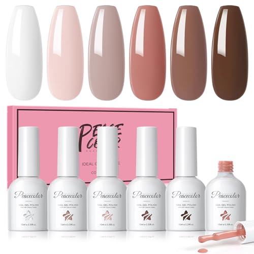 Peacecolor Esmaltes Semipermanentes para Uñas Blanco Nude Marrón Oscuro 6 Colores Kit Pintauñas Semipermanentes Uñas de Gel UV LED Esmaltes en Gel Nail Polish 10ml