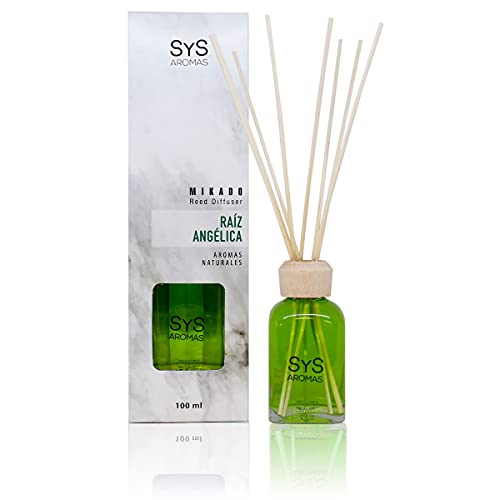 SYS Aromas Ambientador Mikado Raíz Angélica - Difusor con 8 Varillas de Ratán - Larga Duración - Marmol Collection - Ideal para Hogar, Oficina, Baño - 100 ml