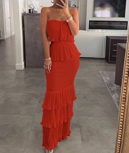Image of SEMATOMALA Women's Boho Tube Top Tiered Ruffle Slim Fitted Maxi Dress Smocked Vacation Holiday Long Dress