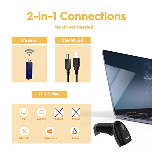 Image of NADAMOO Wireless Barcode Scanner 328 Feet Transmission Distance USB Cordless 1D Laser Automatic Barcode Reader Handhold Bar Code Scanner with USB Receiver for Store, Supermarket, Warehouse - Black