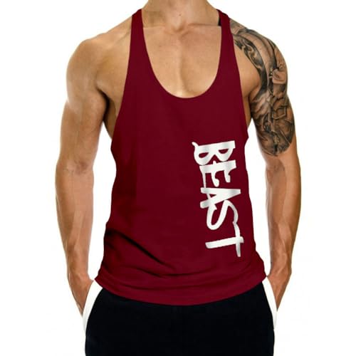 InleaderAesthetics Men's Tank Tops Sleeveless Shirts Y-Back Gym Workout Stringer Tank Tops Bodybuilding Fitness T-Shirts - Wine Red-M