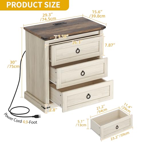 DWVO Nightstand with Charging Station, Tall Nightstand with 3 Drawers, Large Side Tables Bedroom, Farmhouse Bedside Table for Living Room, Sleeping Room, Off White