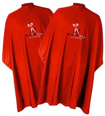 Barber Cape – Water And Stain Resistant Apron With Adjustable Snap Closure For Hairstylists, Hairdressers and Barbers Salon – Easy Clean, Hanging Loop, 50” x 60” - HairDay Care (2 Pack Red)