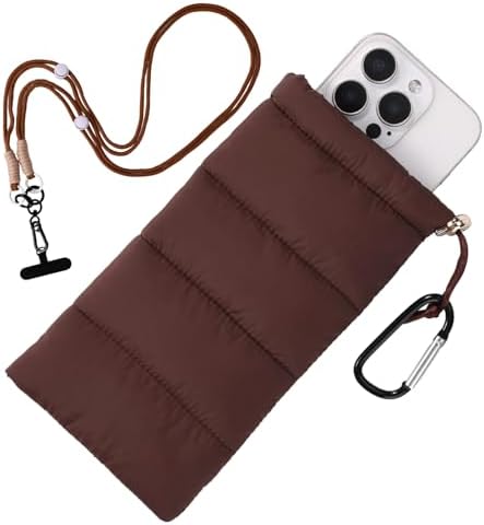 Lyreh Thermal Phone Case, Insulated Cellphone Pouch with Lanyard Connector Pad & Spring Ring Prevents Freezing & Overheating Extends Battery Life for Outdoor Camping Hiking Skiing (Brown)