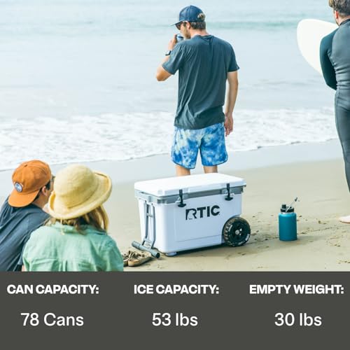 Image of RTIC 52 Quart Ultra-Light Wheeled Hard Cooler Insulated Portable Ice Chest Box for Beach, Drink, Beverage, Camping, Picnic, Fishing, Boat, Barbecue, 30% Lighter Than Rotomolded Coolers