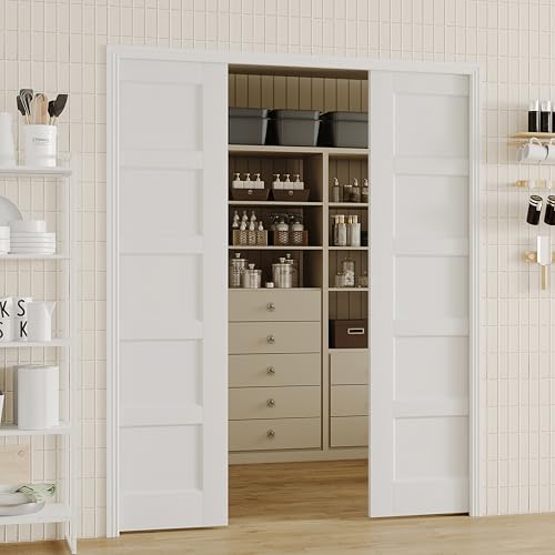 Image of Sliding Pocket Door, 64 inch(2 x 32) x 80 inch, 5-Panel Core with Frame and Hardware Kit Set, Interior Doors for Pocket Door, White Primed - No Panel Assembly Required
