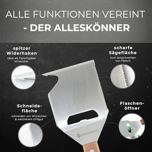Multi Tool Grillspachtel | 8 in 1 Grillwerkzeug | Der Alleskönner auf dem Grill mit elegantem Akazienholzgriff | Grillbesteck Edelstahl | hochwertiges Grillbesteck | Grillzubehör |
