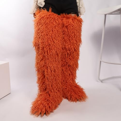 Image of Black Thigh High Fur Boots, Over the Knee Fluffy High Boots, Tall Furry shoes for Women